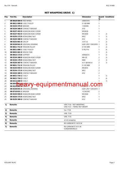 PDF Claas 46 RC Rollant Baler Parts Manual