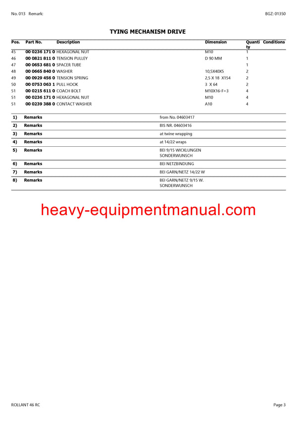 CLAAS ROLLANT 46 RC BALER PARTS MANUAL SN 04600001-04699999