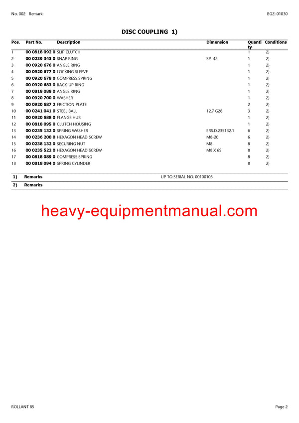 CLAAS ROLLANT 85 BALER PARTS CATALOG MANUAL SN 00100005-00199999