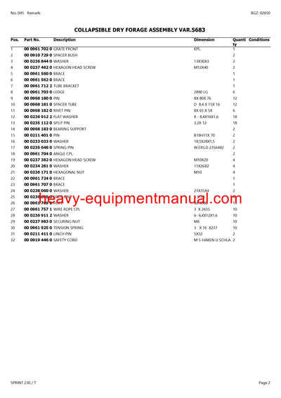 CLAAS SPRINT 230 / T SELF LOADING WAGON PARTS CATALOG MANUAL SN 36101001-36199999