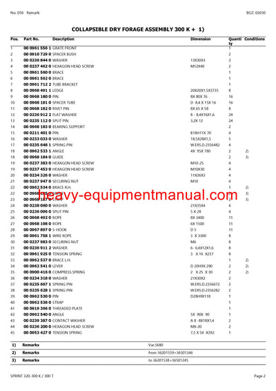 CLAAS SPRINT 320-300 K 300 T SELF LOADING WAGON PARTS CATALOG MANUAL SN 36201001-36299999