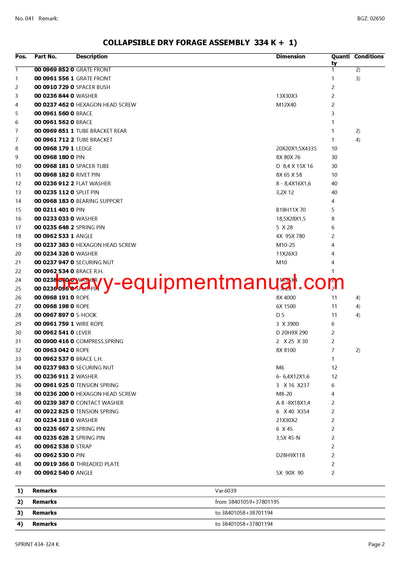 CLAAS SPRINT 434-324 K SELF LOADING WAGON PARTS CATALOG MANUAL SN 39001001-39099999