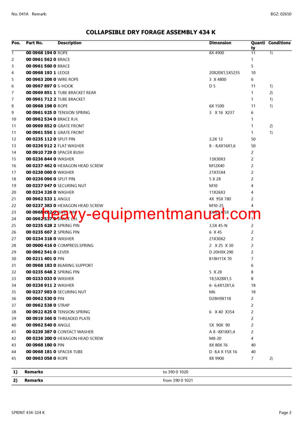 CLAAS SPRINT 434-324 K SELF LOADING WAGON PARTS CATALOG MANUAL SN 38401001-38499999
