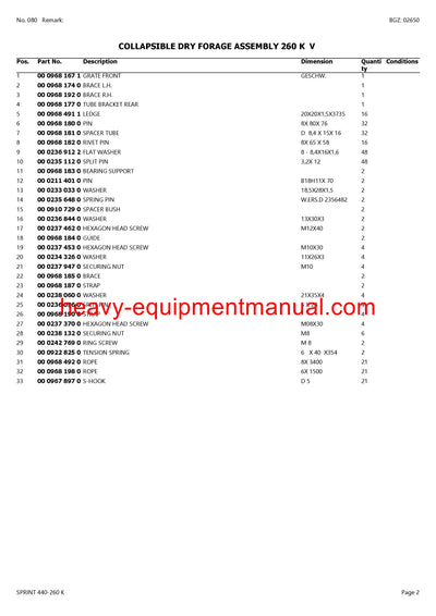 CLAAS SPRINT 440-260 K SELF LOADING WAGON PARTS CATALOG MANUAL SN 32201001-32299999