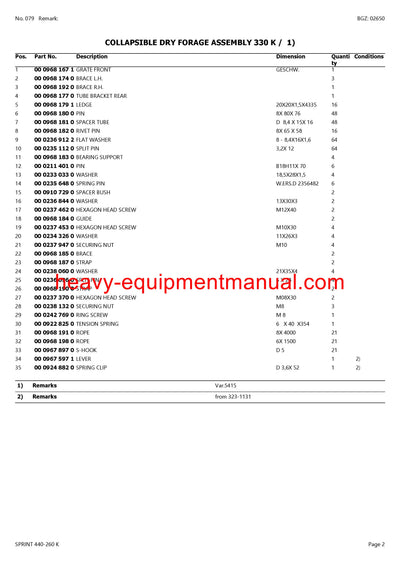 CLAAS SPRINT 440-260 K SELF LOADING WAGON PARTS CATALOG MANUAL SN 32201001-32299999