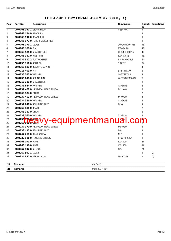 PDF Claas 440 - 260 K Sprint Self Loading Wagon Parts Manual