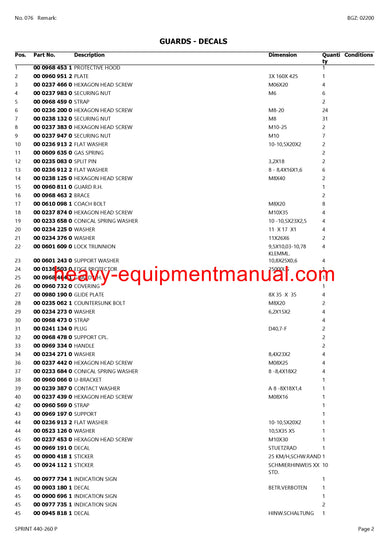 CLAAS SPRINT 440-260 P SELF LOADING WAGON PARTS CATALOG MANUAL SN 35001001-35099999 PDF Claas 440 - 260 P Sprint Self Loading Wagon Parts Manual