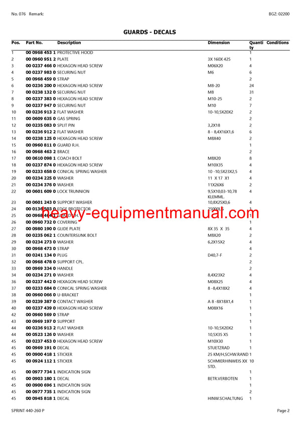 CLAAS SPRINT 440-260 P SELF LOADING WAGON PARTS CATALOG MANUAL SN 34601001-34699999