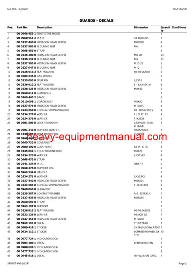 CLAAS SPRINT 440-260 P SELF LOADING WAGON PARTS CATALOG MANUAL SN 35001001-35099999