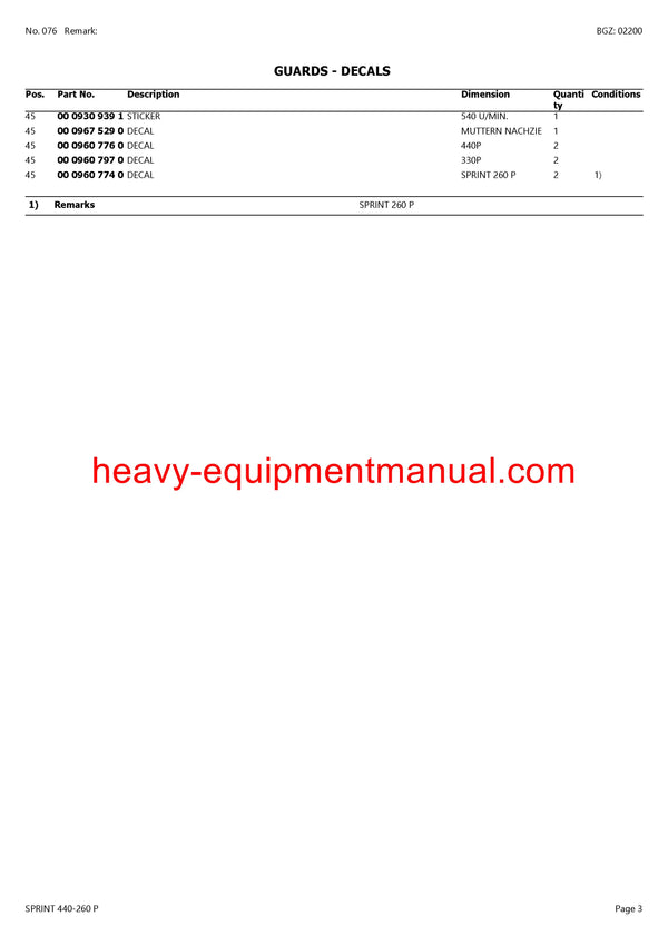CLAAS SPRINT 440-260 P SELF LOADING WAGON PARTS CATALOG MANUAL SN 35001001-35099999
