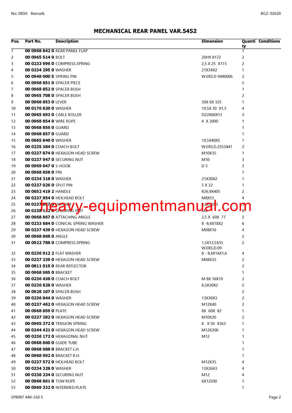 CLAAS SPRINT 440-330 S SELF LOADING WAGON PARTS CATALOG MANUAL SN 34801001-34899999