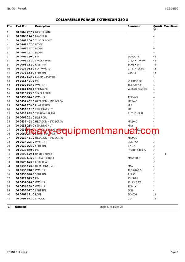 CLAAS SPRINT 440-330 U SELF LOADING WAGON PARTS CATALOG MANUAL SN 35901001-35999999