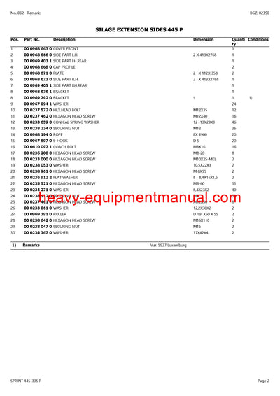 CLAAS SPRINT 445-335 P SELF LOADING WAGON PARTS CATALOG MANUAL SN 37501001-37599999