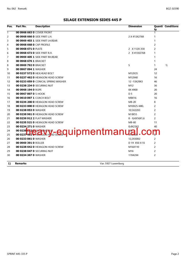 PDF Claas 445 - 335 P Sprint Self Loading Wagon Parts Manual