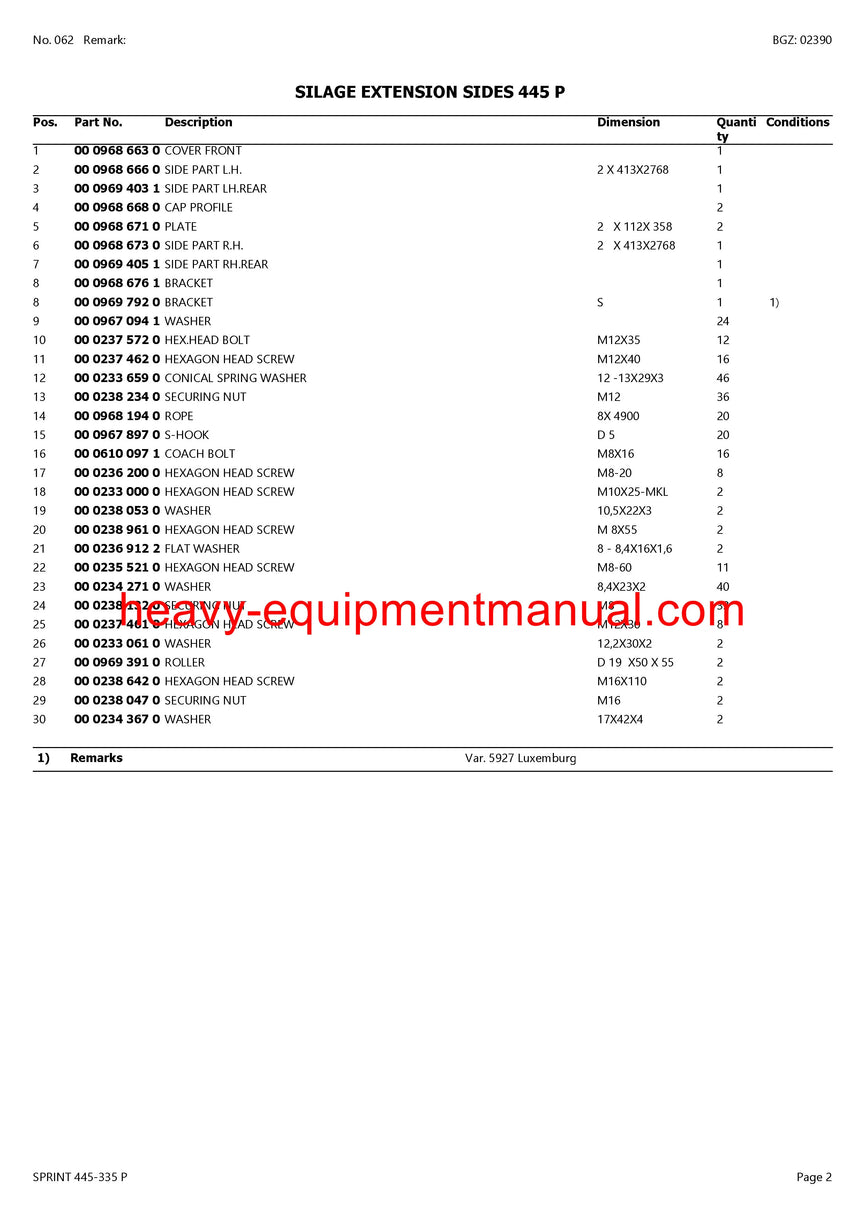 PDF Claas 445 - 335 P Sprint Self Loading Wagon Parts Manual