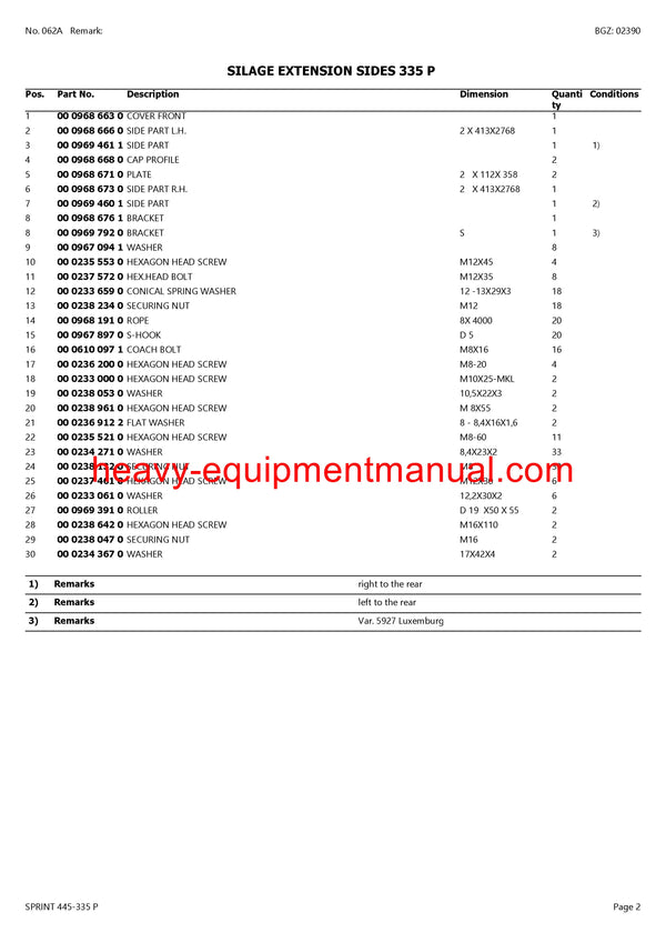 CLAAS SPRINT 445-335 P SELF LOADING WAGON PARTS CATALOG MANUAL SN 37401001-37499999