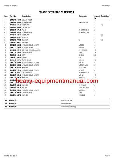 PDF Claas 445 - 335 P Sprint Self Loading Wagon Parts Manual
