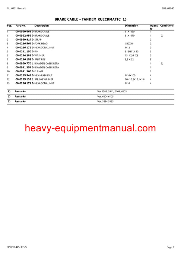 CLAAS SPRINT 445-335 S SELF LOADING WAGON PARTS CATALOG MANUAL SN 36601001-36699999