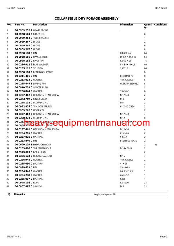 PDF Claas 445 U/K Sprint Self Loading Wagon Parts Manual