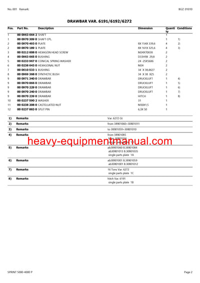 CLAAS SPRINT 5000-4000 P SELF LOADING WAGON PARTS CATALOG MANUAL SN 38901020-38999999