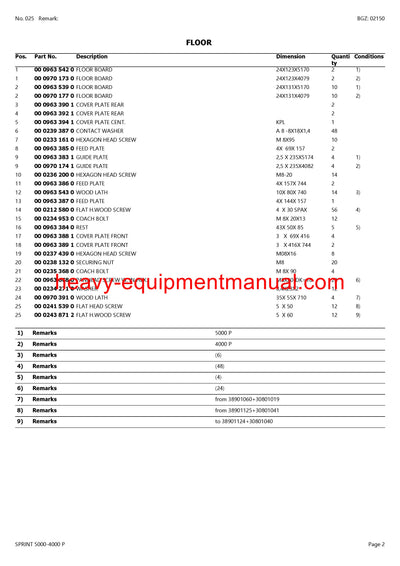 CLAAS SPRINT 5000-4000 P SELF LOADING WAGON PARTS CATALOG MANUAL SN 38901020-38999999