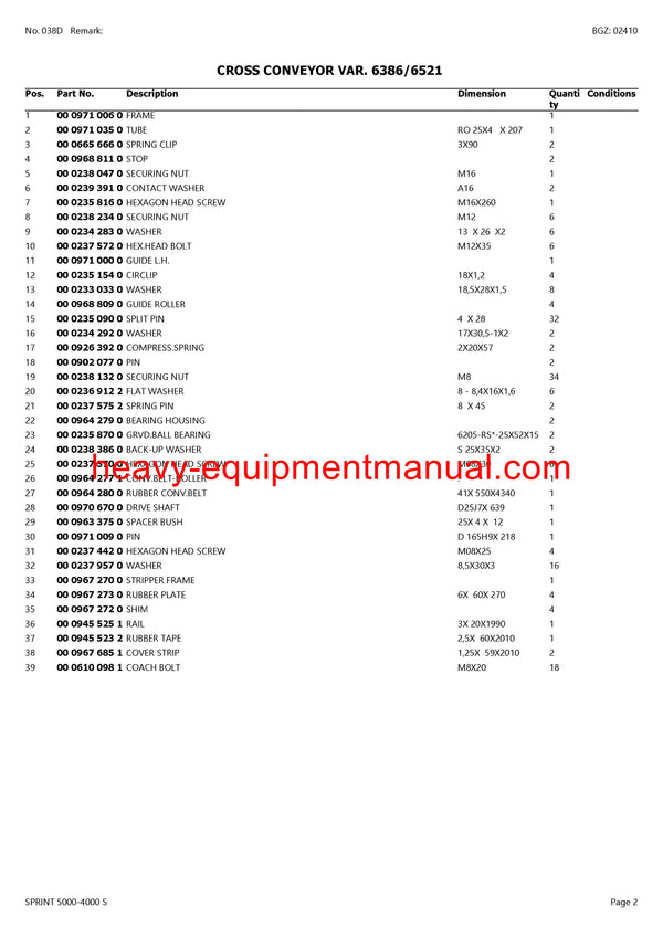 CLAAS SPRINT 5000-4000 S SELF LOADING WAGON PARTS MANUAL SN 38801034-38899999