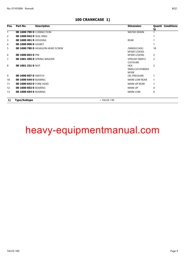 CLAAS TALOS 100 TRACTOR PARTS CATALOG MANUAL (SN: 2173010447-2173099999)