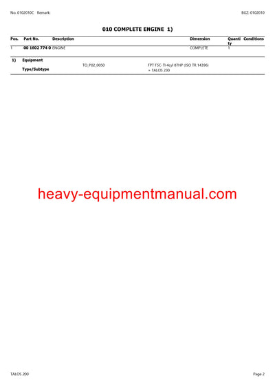 CLAAS TALOS 200 TRACTOR PARTS CATALOG MANUAL (SN: 2189010001-2189010854)