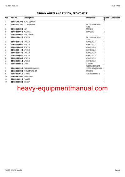 CLAAS TARGO K70-50 Serial II TELEHANDLER PARTS CATALOG MANUAL SN 51400100-51499999