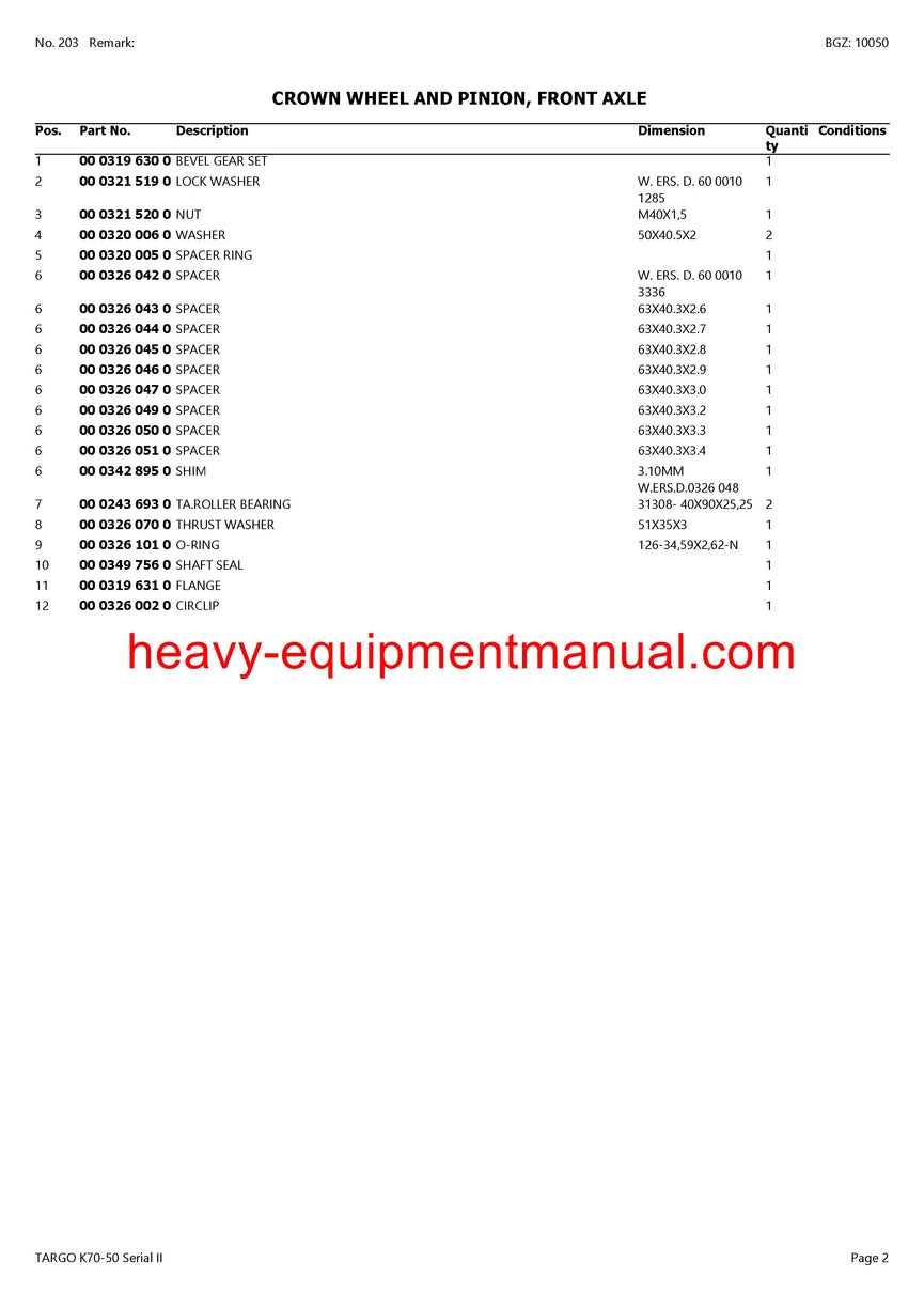 PDF Claas K70-50 Serial Ii Targo Telehandler Parts Manual