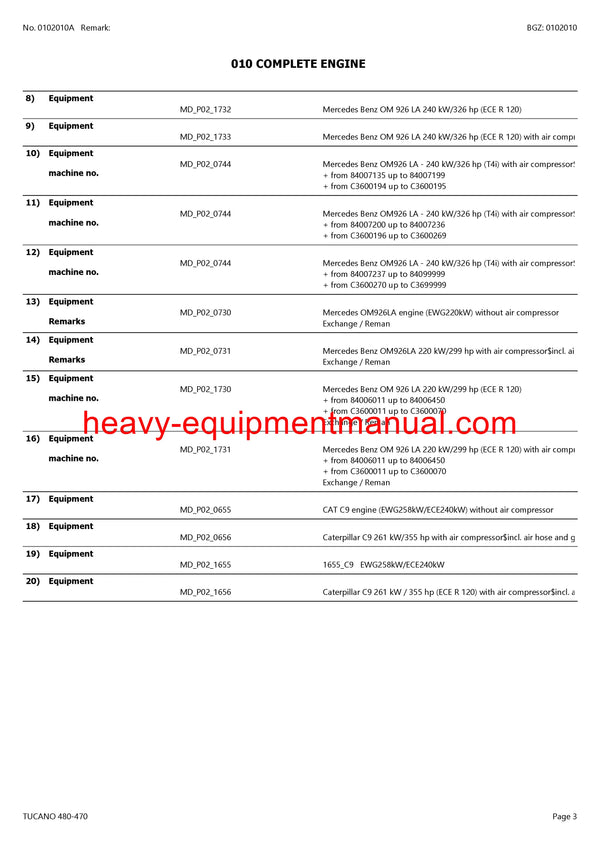 CLAAS TUCANO 480-470 COMBINE PARTS CATALOG MANUAL (SN: C3600011-C3699999)