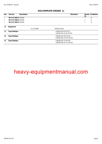 CLAAS ARION 430-410 TRACTOR PARTS CATALOG MANUAL