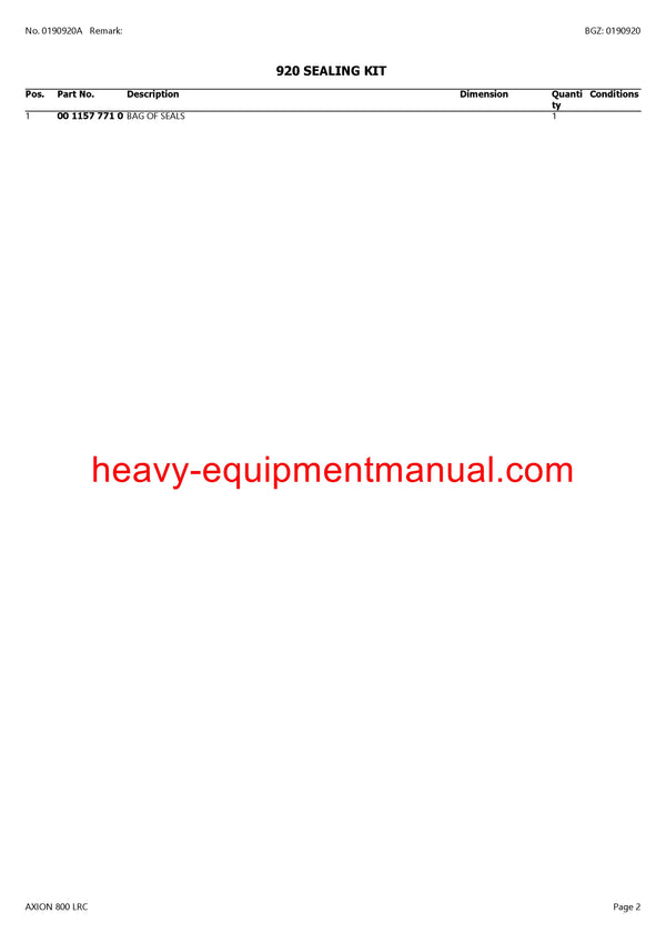 CLAAS AXION 800 LRC TRACTOR PARTS CATALOG MANUAL