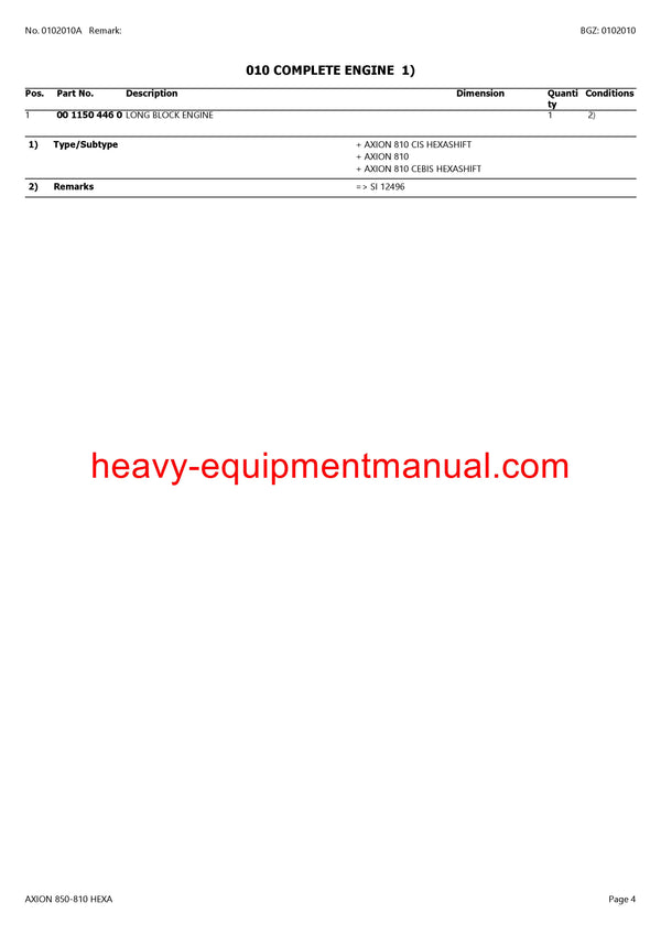 CLAAS AXION 850-810 HEXA TRACTOR PARTS CATALOG MANUAL