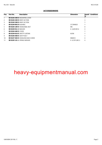 CLAAS UNIFARM CM 186 C MOWER PARTS MANUAL SN 69101001-69199999