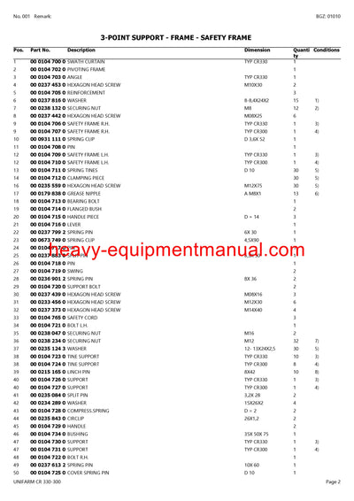 CLAAS UNIFARM CR 330-300 SWATHER PARTS CATALOG MANUAL SN 47401001-4749999