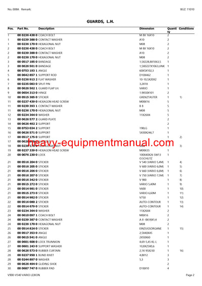 CLAAS V900-V540 VARIO LEXION CUTTERBAR PARTS CATALOG MANUAL (SN: 70500011-70599999)