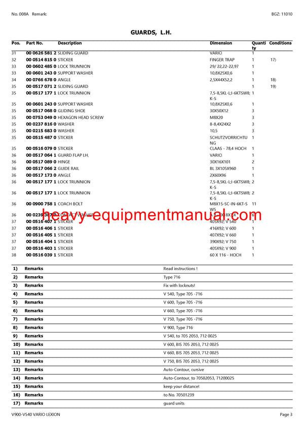 CLAAS V900-V540 VARIO LEXION CUTTERBAR PARTS CATALOG MANUAL 71200011-71299999