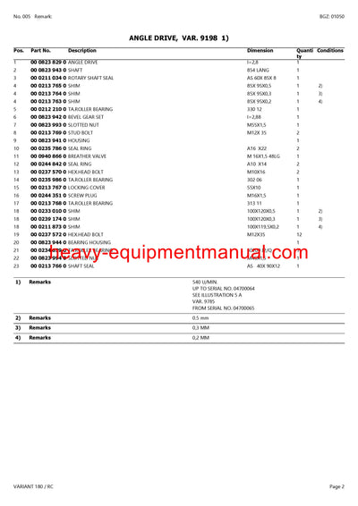 CLAAS VARIANT 180 RC BALER PARTS CATALOG MANUAL SN 04800010 - 04899999