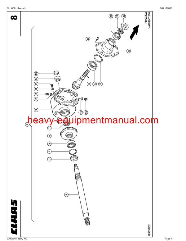 CLAAS VARIANT 260 RC BALER PARTS CATALOG MANUAL SN 73200011-73299999