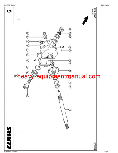 CLAAS VARIANT 260 RC BALER PARTS CATALOG MANUAL SN 73200011-73299999