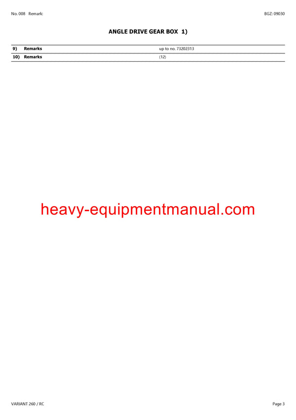 CLAAS VARIANT 260 RC BALER PARTS CATALOG MANUAL SN 73200011-73299999