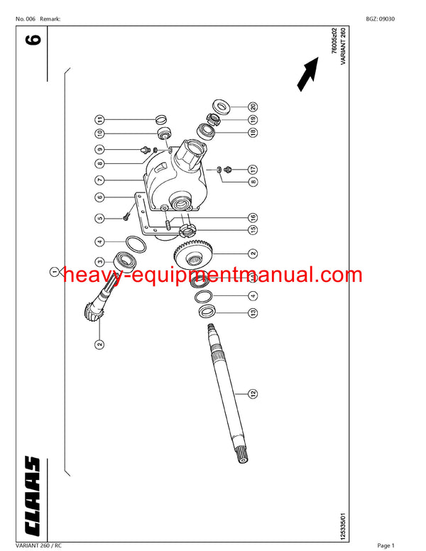 CLAAS VARIANT 260 RC BALER PARTS CATALOG MANUAL SN 73200011-73299999