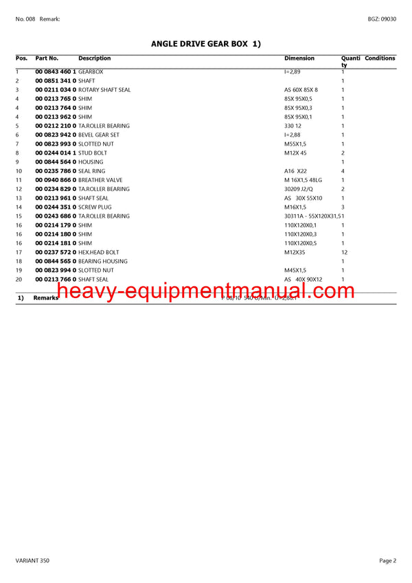 CLAAS VARIANT 350 BALER PARTS MANUAL SN 77000011-77099999