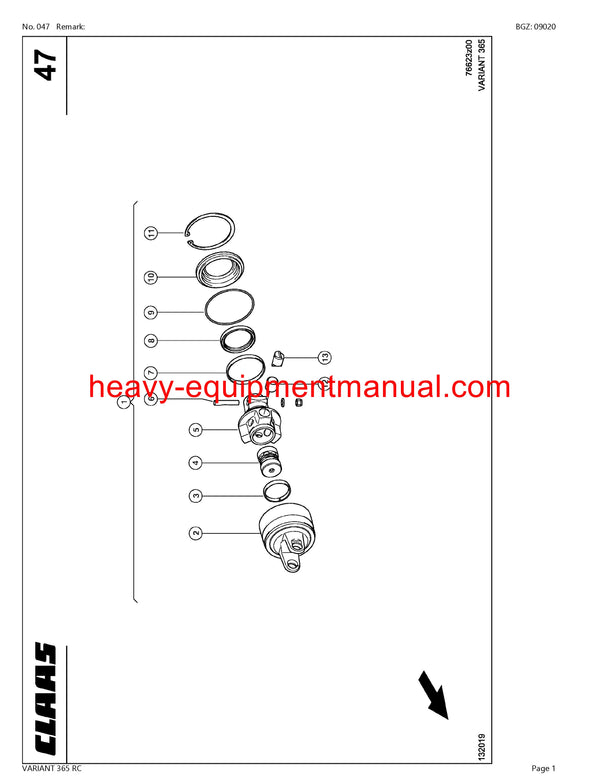CLAAS VARIANT 365 RC BALER PARTS MANUAL SN 74500011-74599999