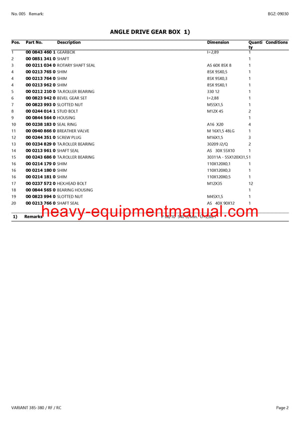 CLAAS VARIANT 385-380 RF RC BALER PARTS MANUAL SN 75200011-75299999