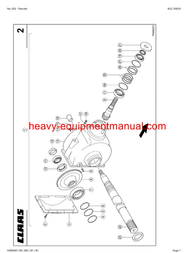 CLAAS VARIANT 385-380 RF RC BALER PARTS MANUAL SN 75200011-75299999