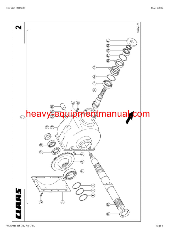 CLAAS VARIANT 385-380 RF RC BALER PARTS MANUAL SN 75200011-75299999