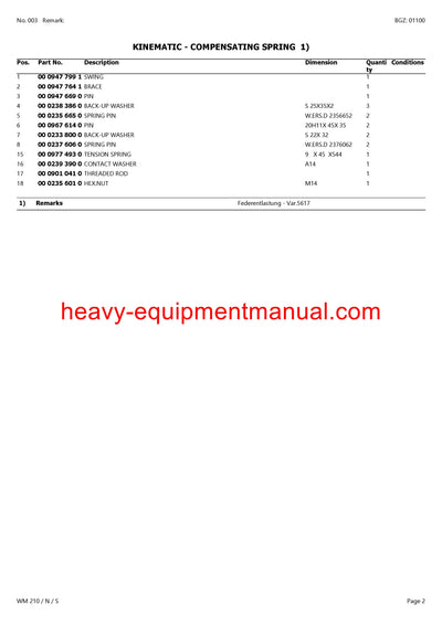 Claas Wm 210 N S Mower Parts Manual