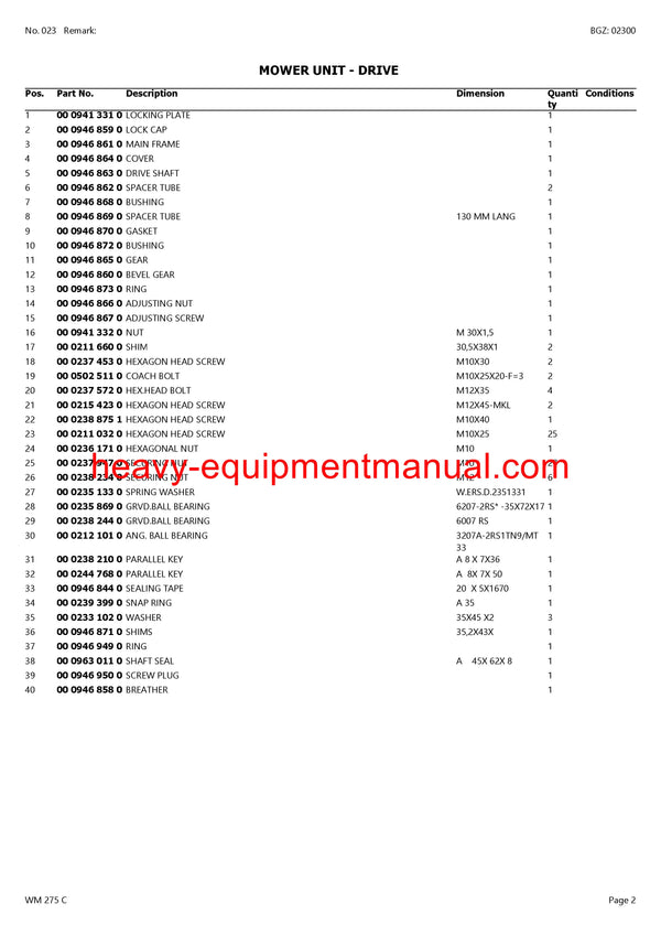 Claas Wm 275 C Mower Parts Manual